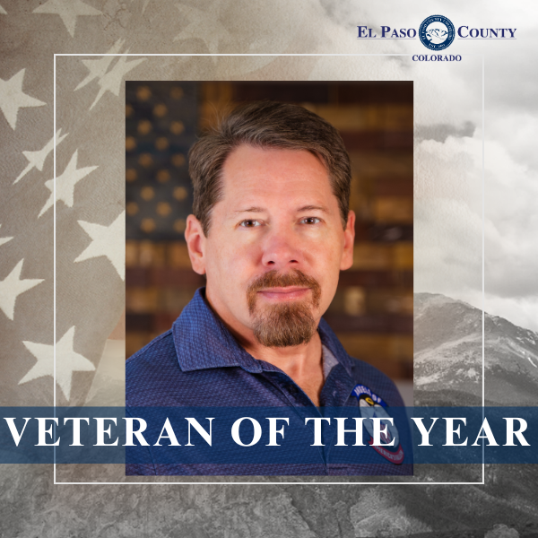 Square graphic image with a photo of Joe Lewis 2023 El Paso County Veteran of the Year in the Center.
