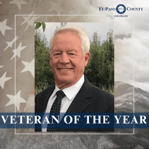 Square graphic image with a photo of 2024 El Paso County Veteran of the Year Thomas Miller