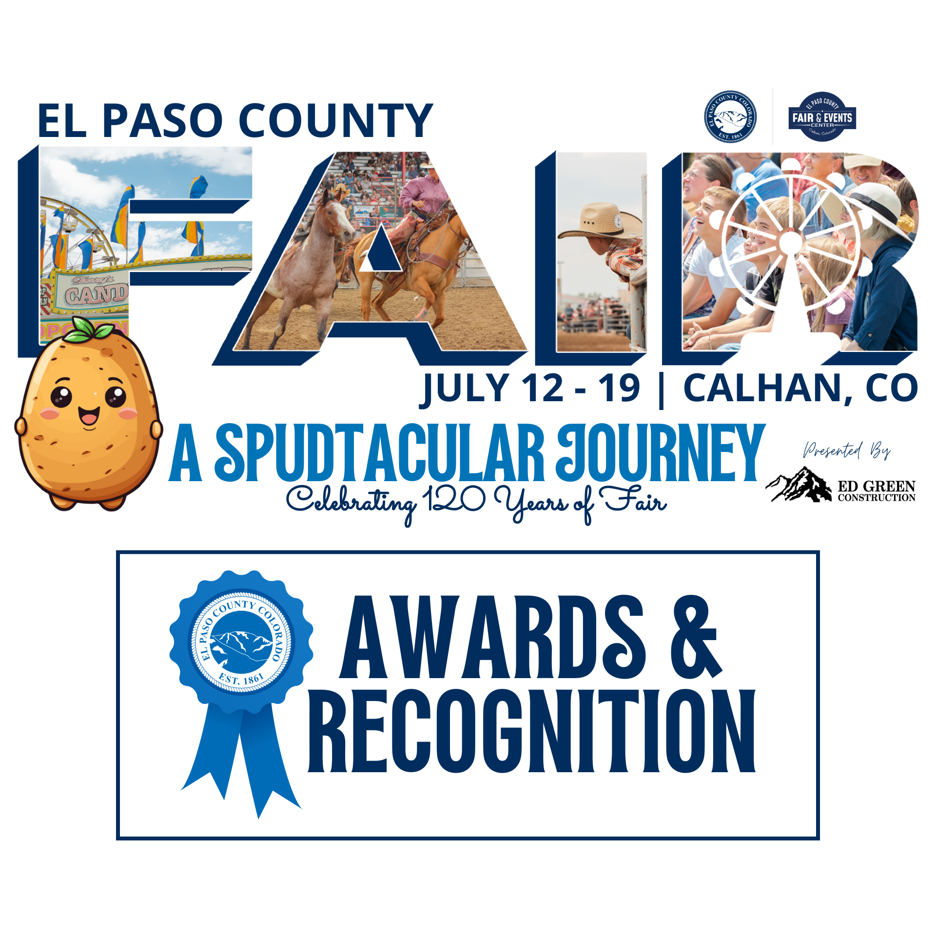 2025 FAIR AWARDS NR graphic image with the 2025 Fair logo and a blue ribbon with the El Paso County Seal and text reading Awards & Recognition