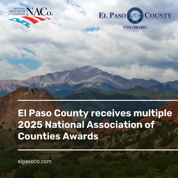 2025 NACo Award NR Garden of the Gods in Colorado Springs, Colorado with Pikes Peak Mountain in the background on a partly cloudy day.