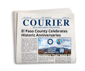 Graphic of an image of a folded newspaper with the COURIER on the front page for the Volume 4 Issue 1 edition.