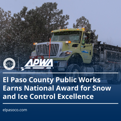 A snow plow operating in the snow, with text 'El Paso County Public Works Earns national Award for Snow and Ice Control Excellence