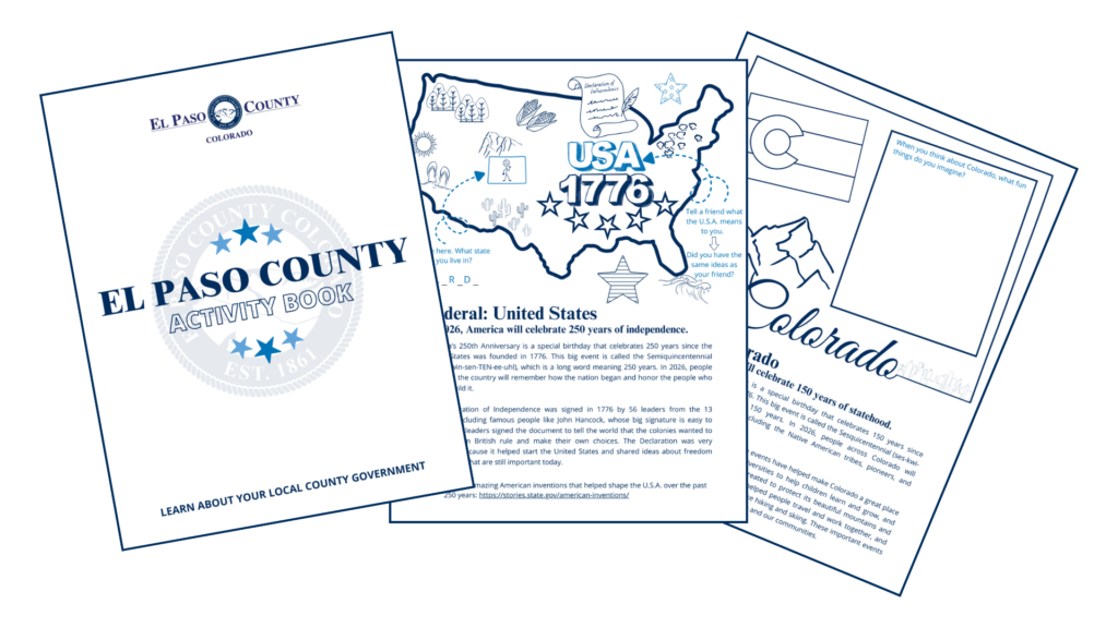 Graphic image of screenshots of the front cover of the activity book followed by the USA page and the colorado Page