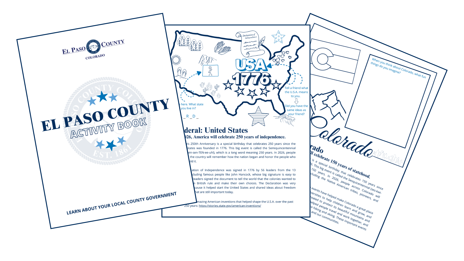 Graphic image of screenshots of the front cover of the activity book followed by the USA page and the colorado Page