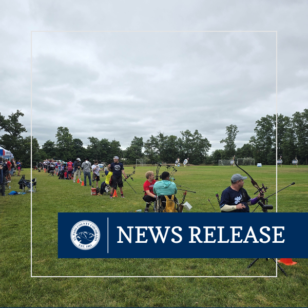 Archery (1) Square News Release graphic with an image of individuals participating in archery with a white line box and the El Paso County seal and text reading News Release