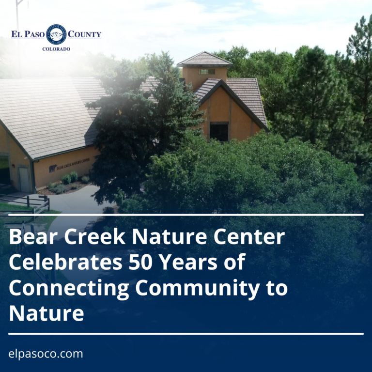 Graphic with an arial photo of Bear Creek Nature Center with the El Paso County logo in the upper left and text along the bottom reading Bear Creek Nature Center Celebrates 50 years of Connecting Community to Nature.