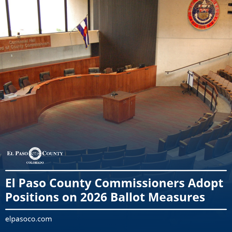 BoCC Ballot Measures (1) El Paso County Board of County Commissioners hearing room with empty seating and dais. A blue graphic overlay reads, “El Paso County Commissioners Adopt Positions on 2026 Ballot Measures,” with the El Paso County logo and elpasoco.com.