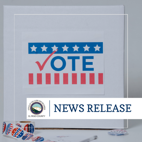 graphic image of a Vote sticker in the background with a white line box around and a white rectangle overlay with clerk and recorder logo and text NEWS RELEASE