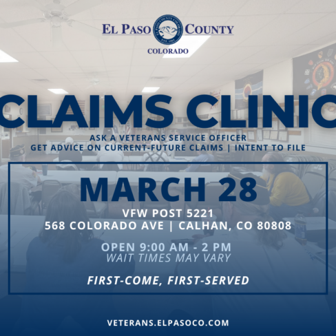 Graphic with a photo of the Calhan VFW in the background and text overlay reading Claims Clinic March 28