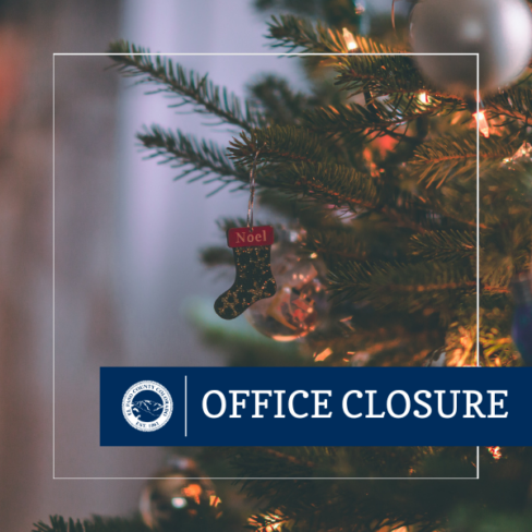 square graphic of a photo of a pine Christmas tree with a stocking ornament that says NOEL and a blue rectangle graphic overlay with the white el paso county logo seal and text reading office closure