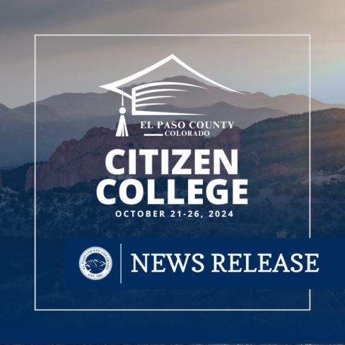 square graphic image featuring photo of pikes peak and garden of the gods in the background with white text overlay in the foreground reading citizen college october 21-26, 2024