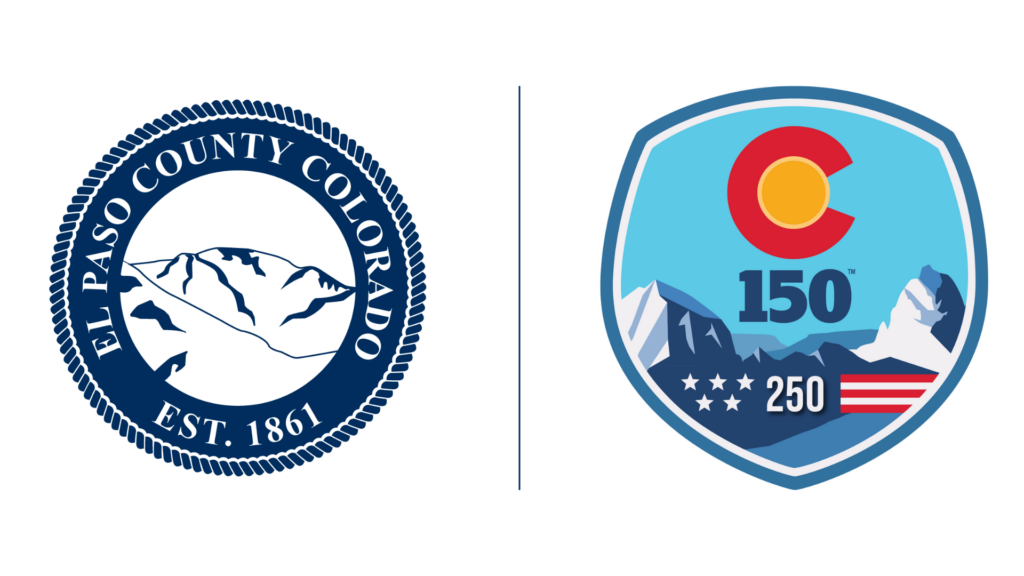 Dual logos: El Paso County Seal, stating establishment in 1861 and the special event logo for Colorado 150 and America 250 anniversaries.