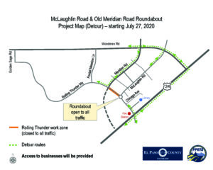 This is a map graphic showing a detour around Rolling Thunder Closure with roundabout open