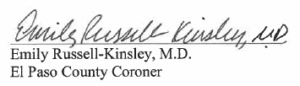 Image of Emily Russell Kinsley, MD El Paso County Coroner's signature