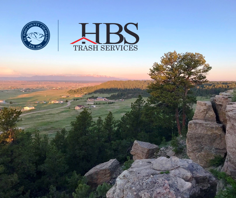 Photo of Homestead Ranch regional Park looking towards the mountain with logo lockup overlay of El Paso County Logo and HBS Trash Services
