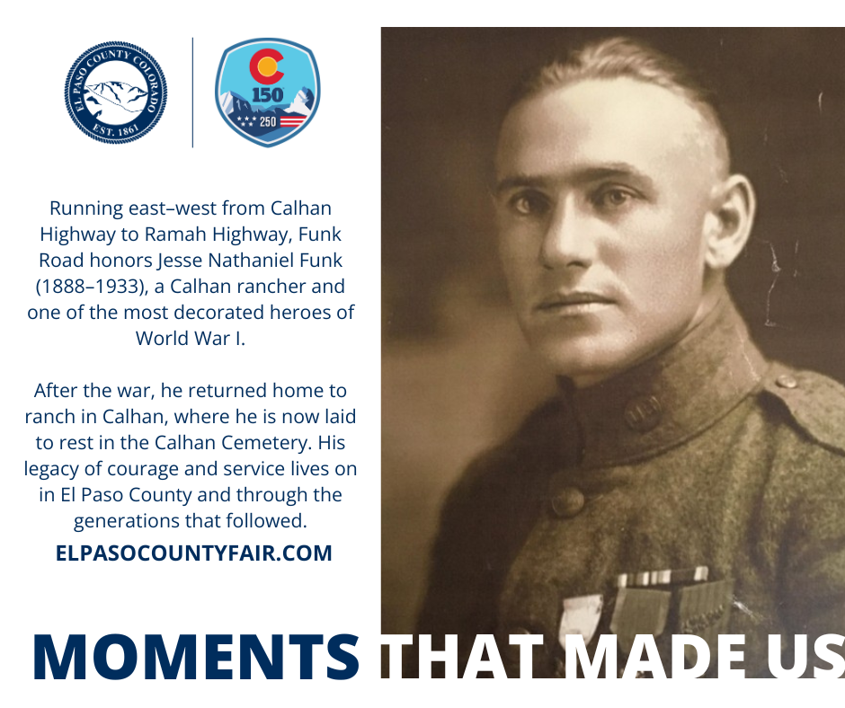 graphic with the county logo and colorado 150 and usa 250 logo lockup with a photo on the right shows a young american soldier from WW2 era in sepia tone. On the left is text explaining the photo.