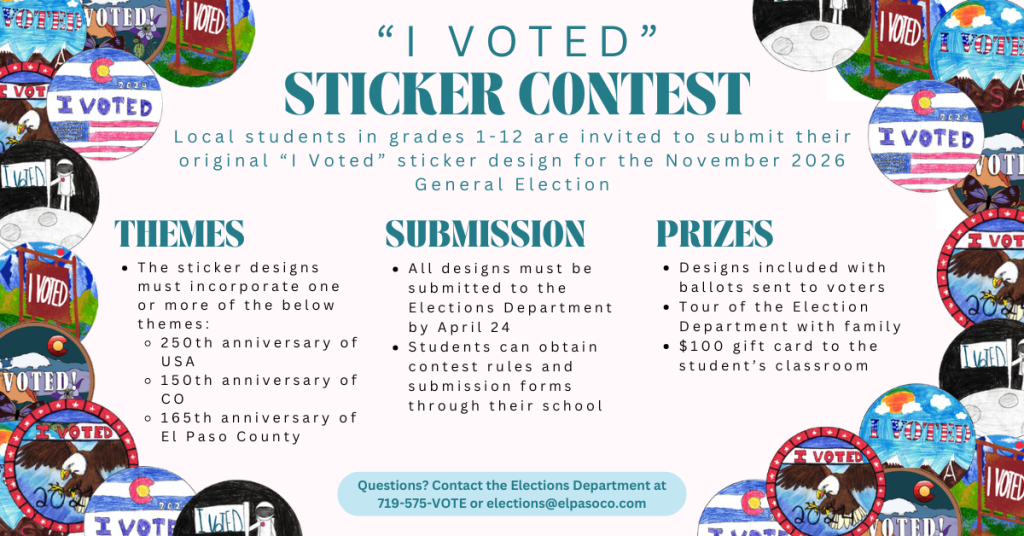 Graphic with details of the I Voted Sticker contest for the clerk and recorder's office with stickers that have one in the past along the boarder.