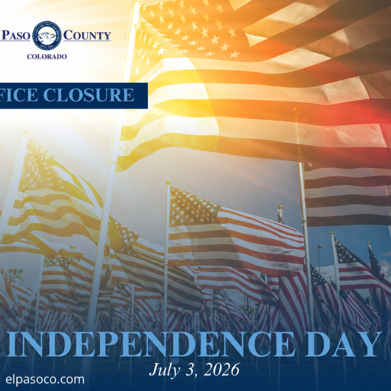 American Flags Waving with sunshine illuminating them. Words: Office Closure, Independence Day, July 3, 2026