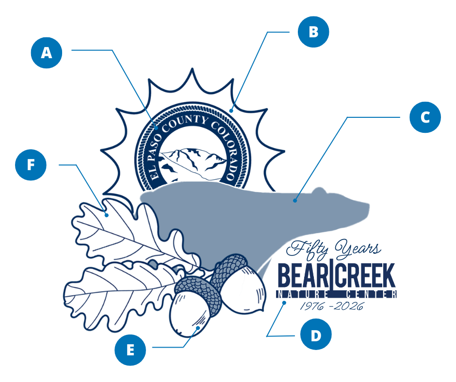 Graphic logo for the Bear Creek Nature Center 50th Anniversary with callouts for each element including an image of a sun rising above a bear with the El Paso County seal in the center of the sun, oak leaves to the left of the bear and acorns below the bear and text to the right reading fifty years bear creek nature center 1976-2026