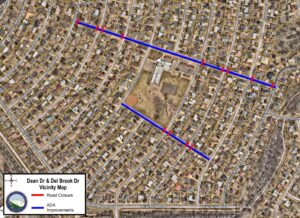 Map showing the work location for drainage repairs along Dean Drive and Del Brook Drive.