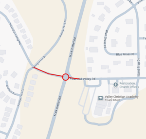 Map showing road closures on Peaceful Valley Road on the east and west sides of Marksheffel Road