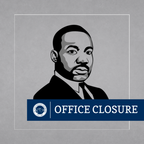 Square graphic image of a drawing of Martin Luther King Jr. in shades of black and white with a blue banner reading office closure