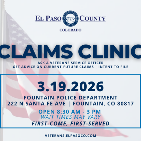 Graphic with a photo of the US Flag on heavy transparency with the El Paso County logo overlay and text reading Claims Clinic 03.19.2026