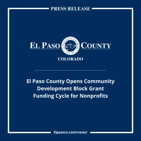 square graphic image with white El Paso County with text reading El Paso County Opens Community Development Block Grant Funding Cycle for Nonprofits