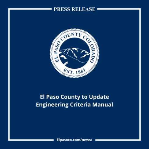 square graphic with blue background and a white line boarder with the white El Paso County seal in the center and text below reading El Paso County to Update Engineering Criteria Manual