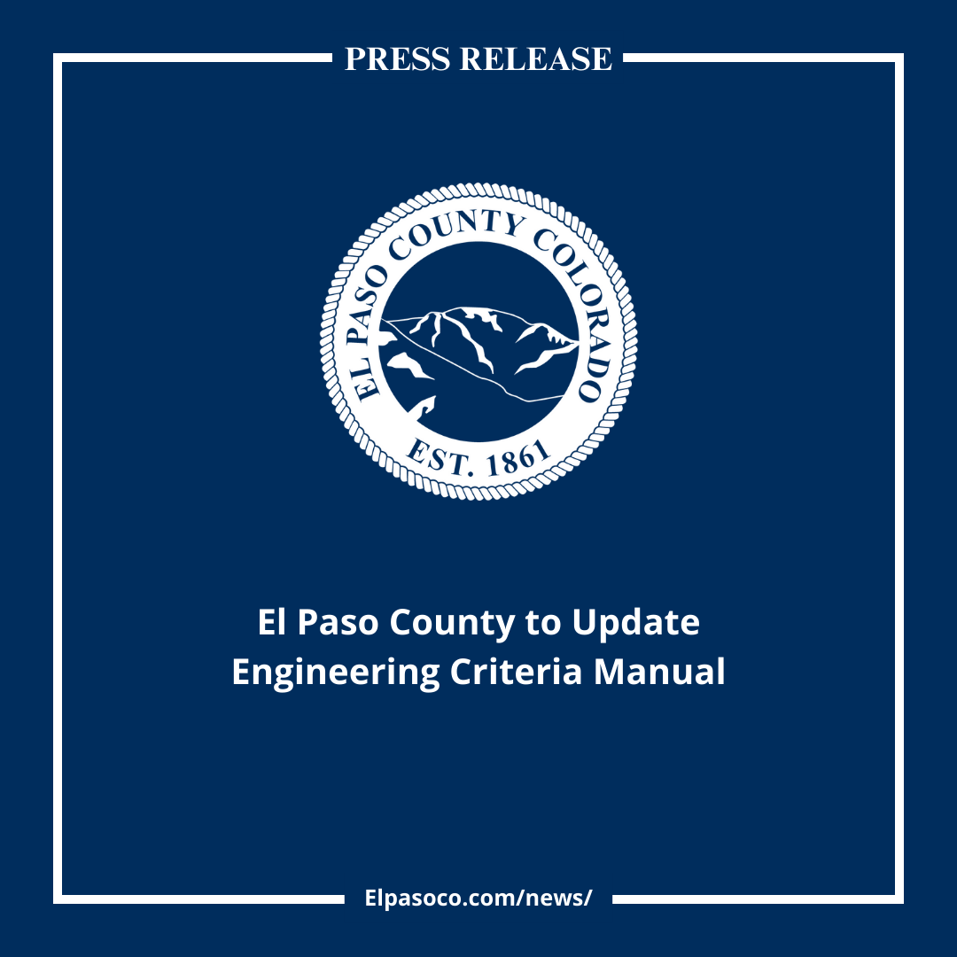 square graphic with blue background and a white line boarder with the white El Paso County seal in the center and text below reading El Paso County to Update Engineering Criteria Manual
