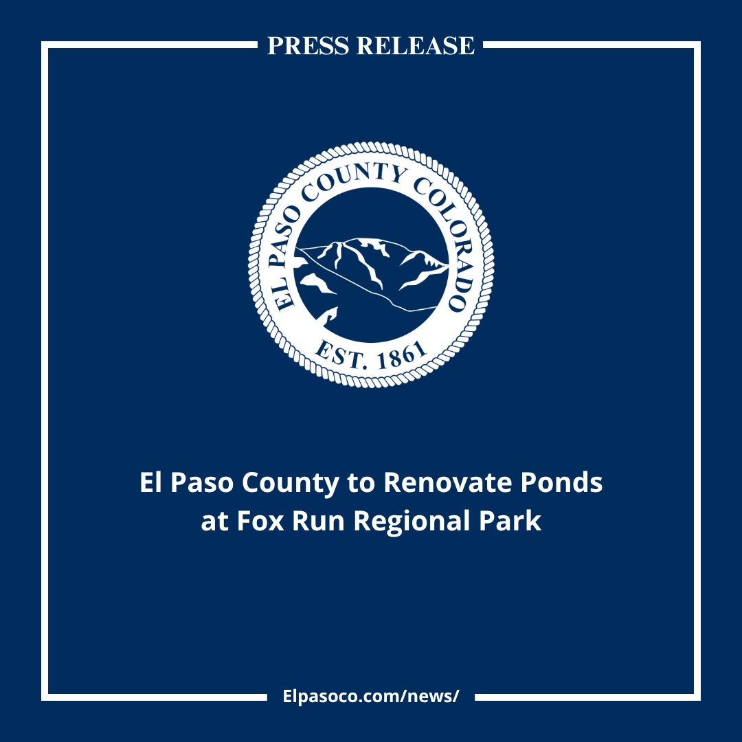 graphic with the El Paso County Seal and text reading El Paso County to renovate ponds at Fox Run Regional Park