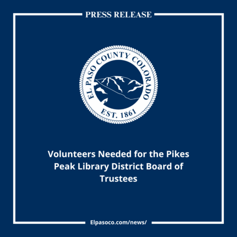 square graphic image with El Paso County seal and text reading Volunteers needed for the pikes peak library district board of trustees