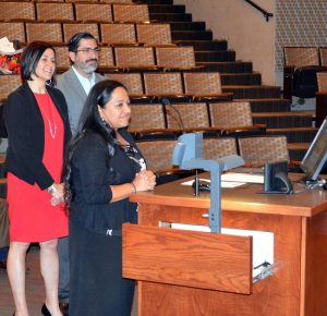 Aikta Marcoulier at the podium during the Board of El Paso County Commissioners meeting on April 26, 2018.