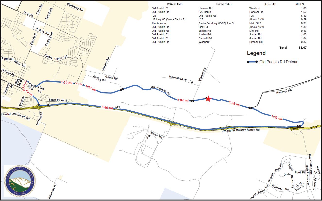 Detour map to get around the Old Pueblo Rd closure