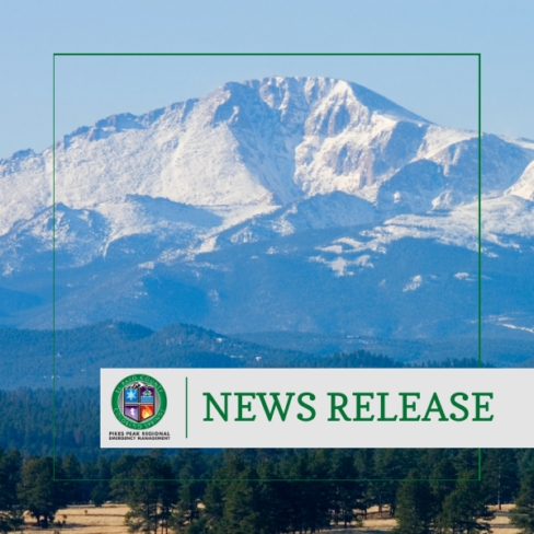 Square graphic image with a photo of pikes peak with grey graphic rectangle and the Pikes Peak Office of Emergency Management logo and text reading news release