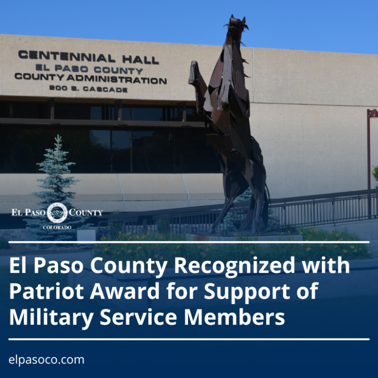 Graphic with a photo of the rearing horse outside of Centennial Hall in downtown Colorado Springs with an overlay of the El Paso County logo and text reading El Paso County Recognized with Patriot Award for Support of Military Service Members