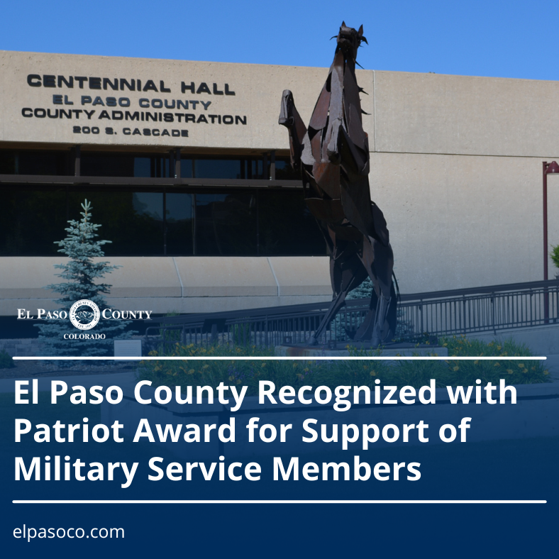 Graphic with a photo of the rearing horse outside of Centennial Hall in downtown Colorado Springs with an overlay of the El Paso County logo and text reading El Paso County Recognized with Patriot Award for Support of Military Service Members