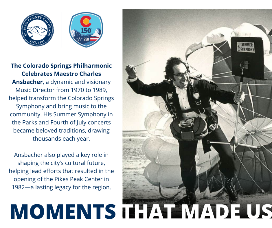 graphic with the county logo and colorado 150 and usa 250 logo lockup with a photo on the right shows a meastro with a parachute on his back, but stanidng on the ground. On the left is text explaining the photo.