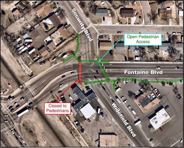 Overview of open and closed access to pedestrian on fontaine blvd and security blvd.