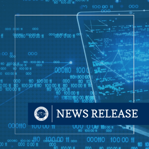 square graphic image of a laptop screen and binary code 0011000011 across image with blue rectangle with text NEWS RELEASE