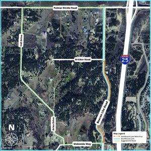 Project map showing the Beacon Lite Road work zone between Wakonda Way and Bricker Road, west of Interstate 25. A suggested alternate route is shown using Wakonda Way, Aries Drive, Indi Drive, and Palmer Divide Road to help drivers avoid delays near the work area. The map includes a north arrow and a legend.