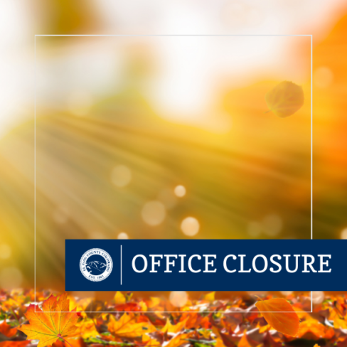 square graphic image of sun shining on a pile of leaves with a blue rectangle graphic overlay with the words OFFICE CLOSURE in white