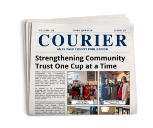 Graphic of a newspaper folded with the front of the newspaper reading Courier and Strengthening Community Trust One Cup at a Time