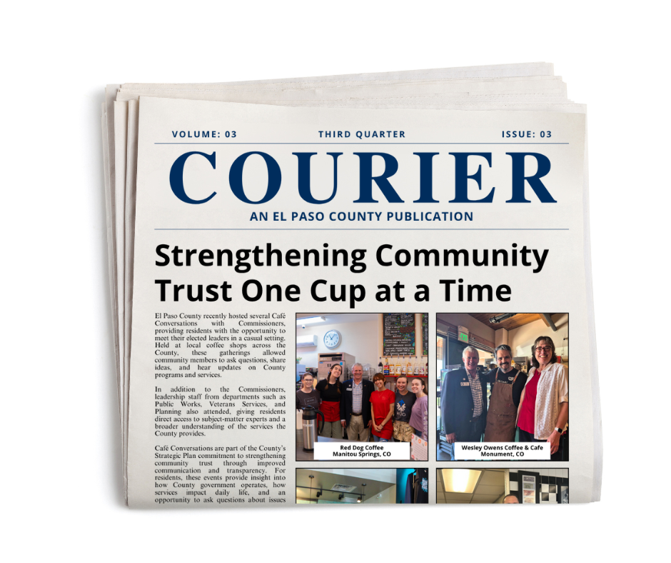 The Courier Website Graphic Graphic of a newspaper folded with the front of the newspaper reading Courier and Strengthening Community Trust One Cup at a Time