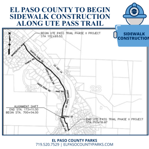 graphic with text at the top reading El Paso County to Begin Sidewalk Construction Along Ute Pass Trail with a map of the area and work below the text.