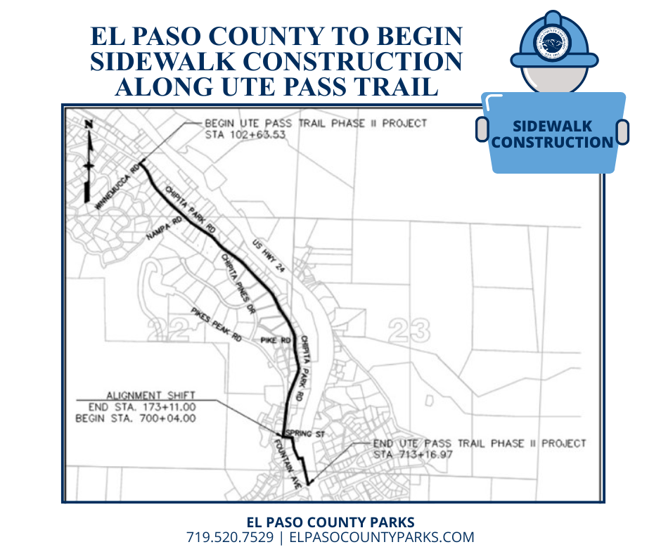 graphic with text at the top reading El Paso County to Begin Sidewalk Construction Along Ute Pass Trail with a map of the area and work below the text.