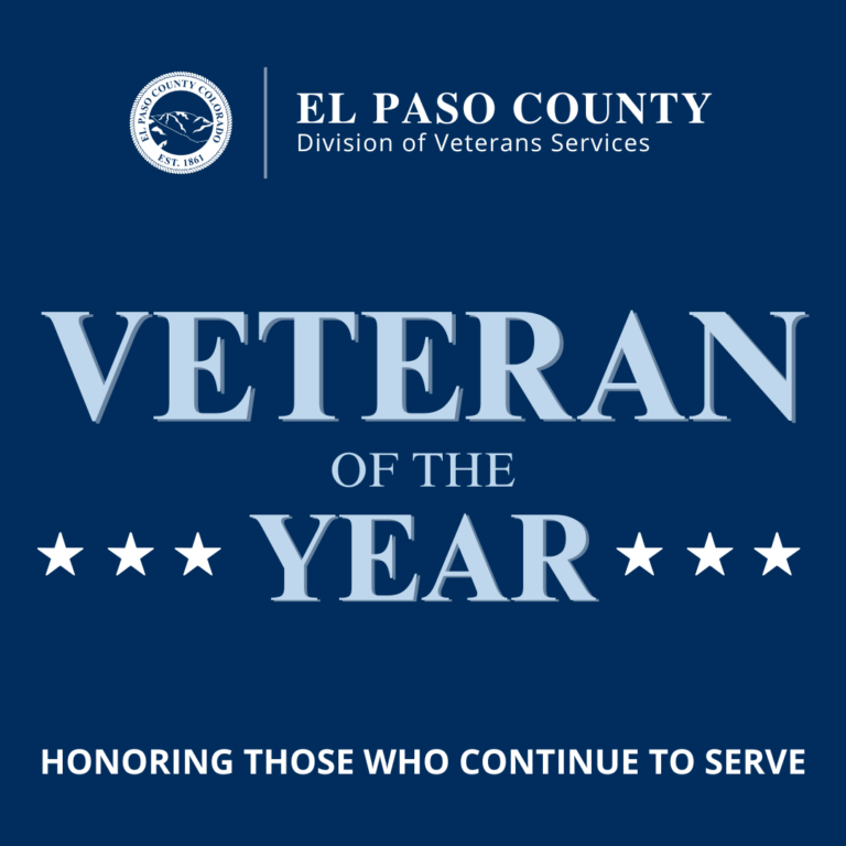 Square graphic image with blue background and the Division of Veterans Services logo at the top and wording that reads Veteran of the Year