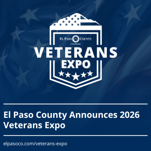 graphic image with a photo of a flag that has heavy transparency on dark blue background with the white Veterans Expo at the top and then text reading EL Paso County Announces 2026 Veterans Expo