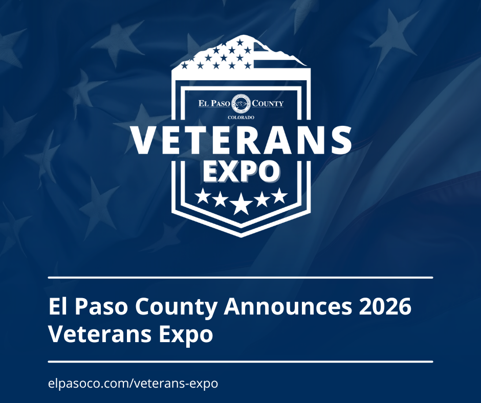 graphic image with a photo of a flag that has heavy transparency on dark blue background with the white Veterans Expo at the top and then text reading EL Paso County Announces 2026 Veterans Expo