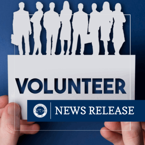 News release graphic featuring the outlines of working people and the word "volunteer"